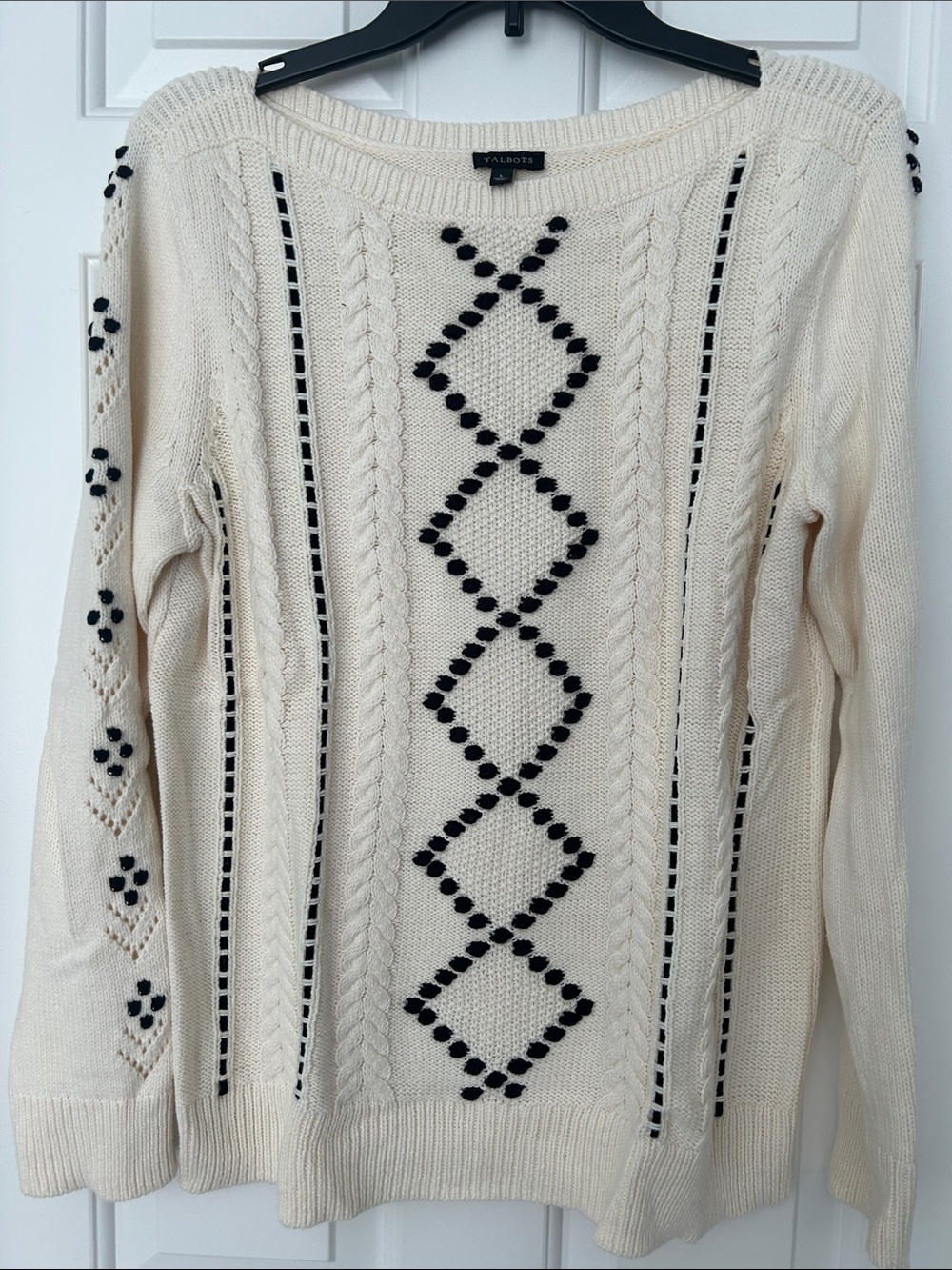 Talbots Cream Crewneck Sweater with Black Dot Diamond Detail